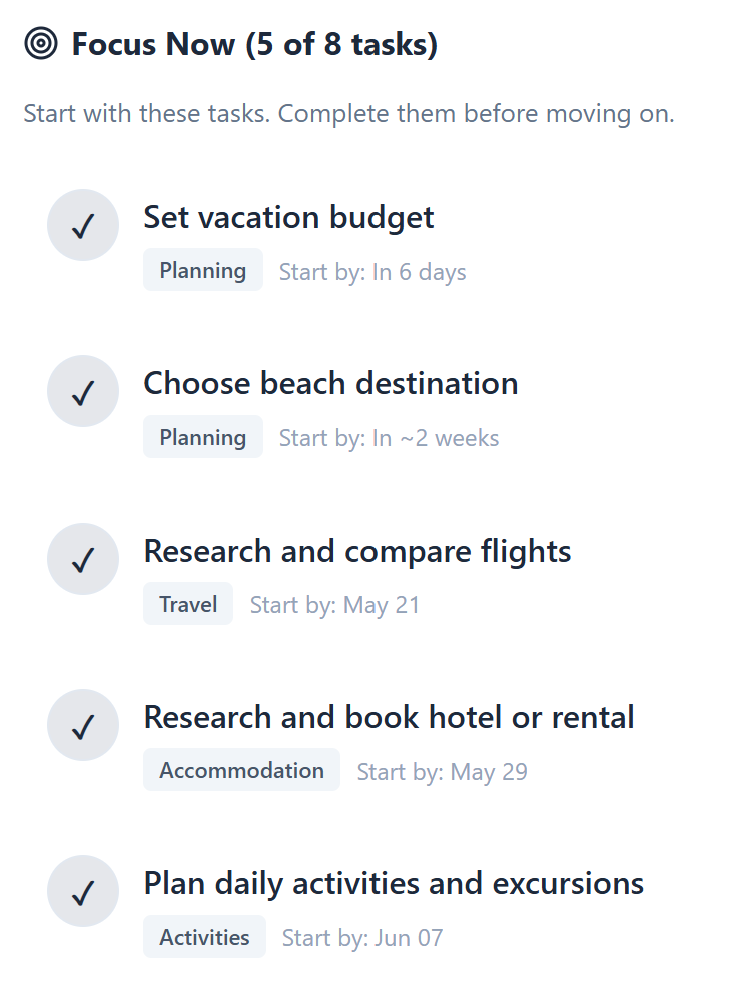 Detailed vacation plan with concrete steps and start dates