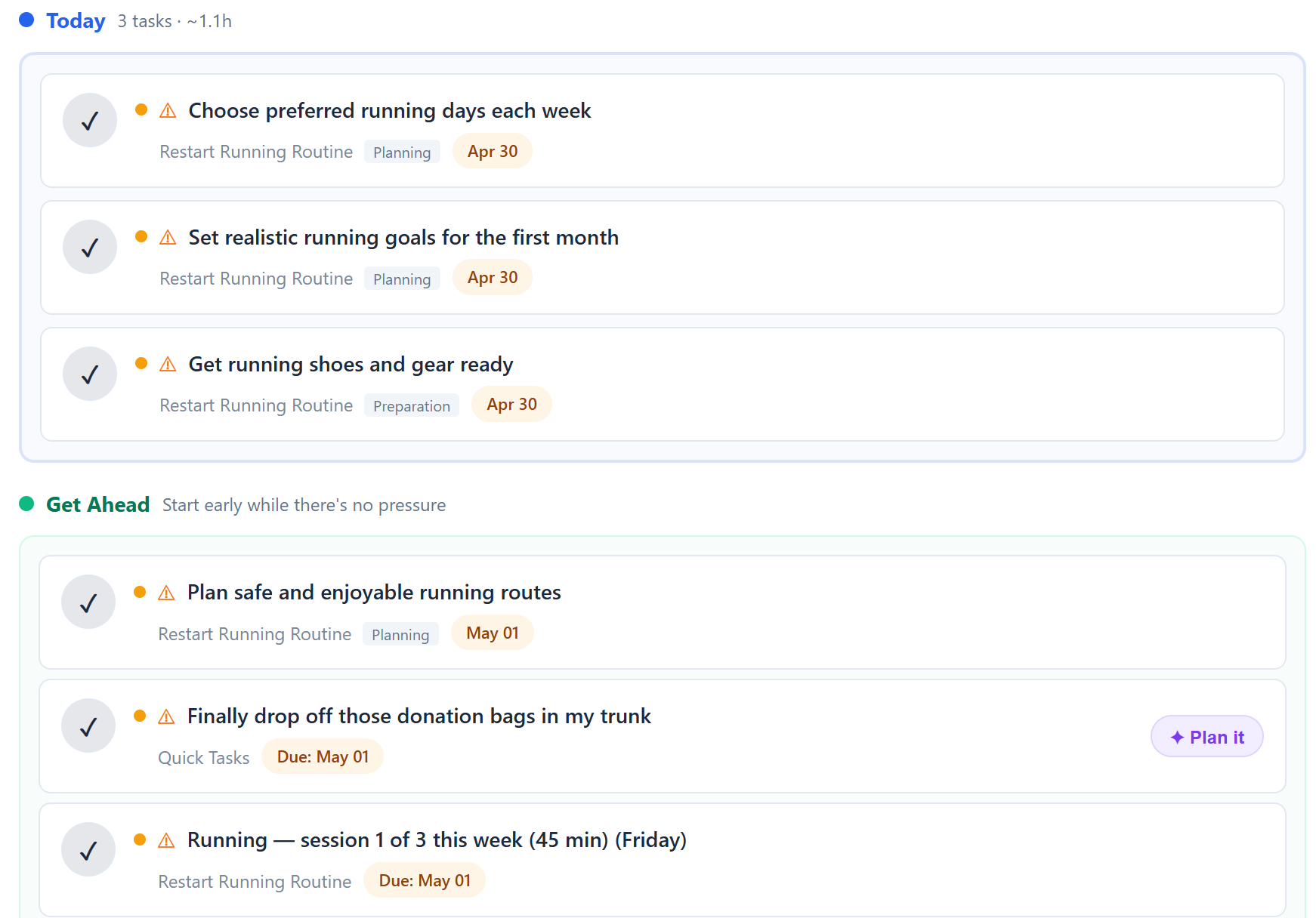 Steadily Today view showing the top tasks for today