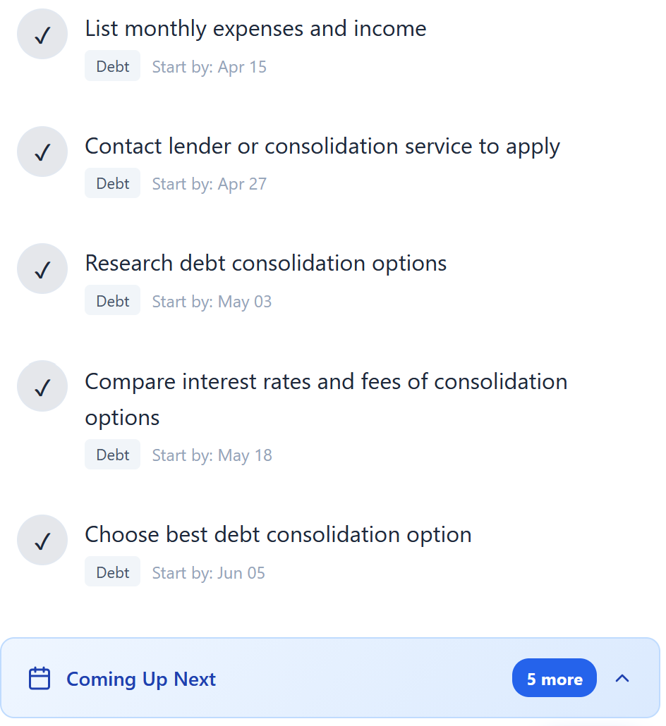 A long-term financial goal broken into steps with start-by dates visible in Steadily
