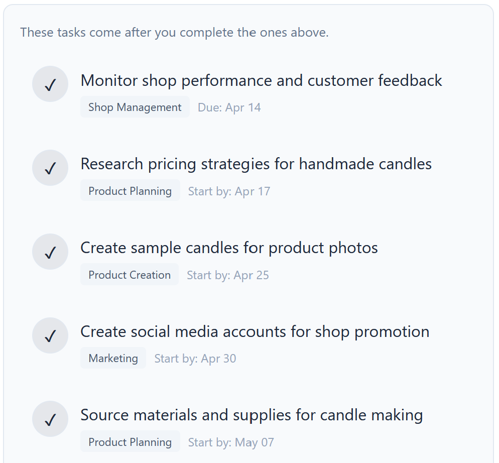 Later tasks in the Etsy launch plan — pricing research, sample candles, social media, sourcing materials