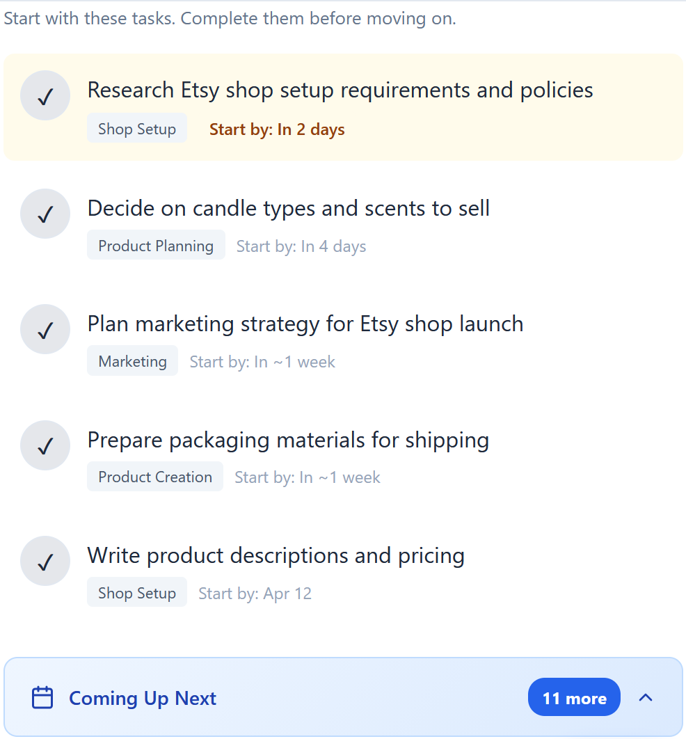 Etsy shop launch plan with product planning and shop setup tasks