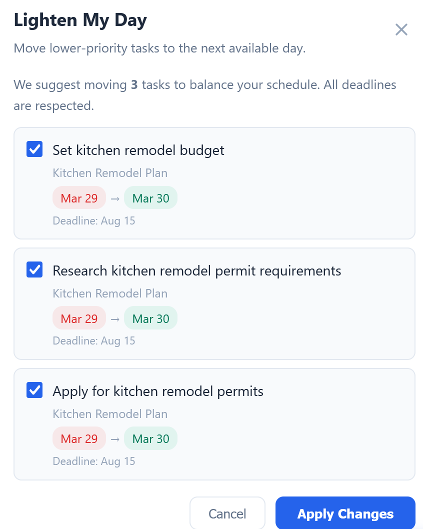 Steadily Lighten My Day feature moving overloaded tasks to tomorrow