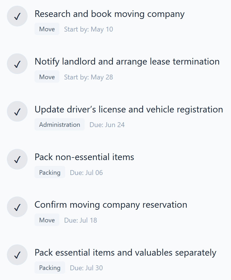 Moving plan with packing, utilities, and administration tasks