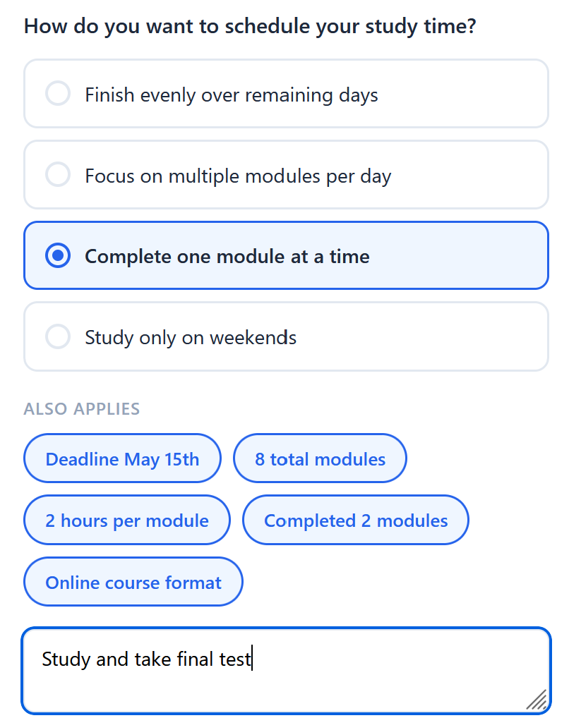 Steadily asking a clarifying question before building a course completion plan