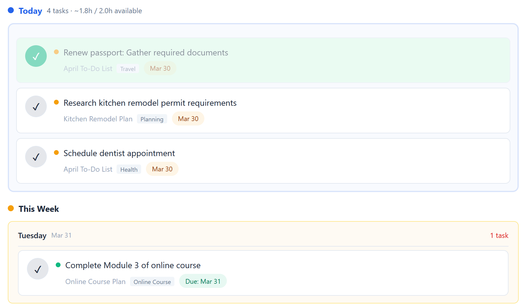A task being checked off in Steadily's Today view