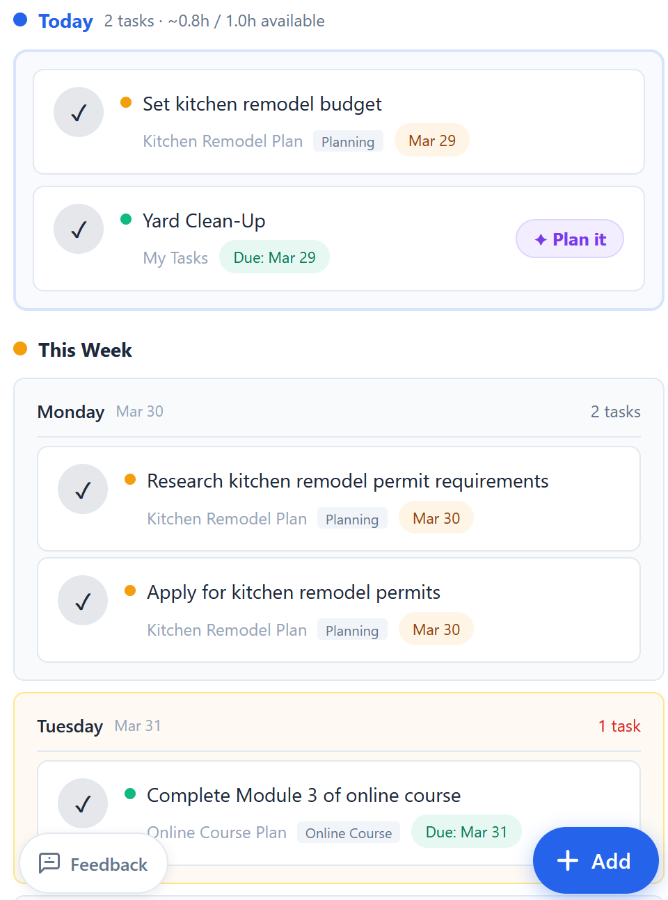 Today view showing renovation steps, course tasks, and daily errands merged into one prioritized list