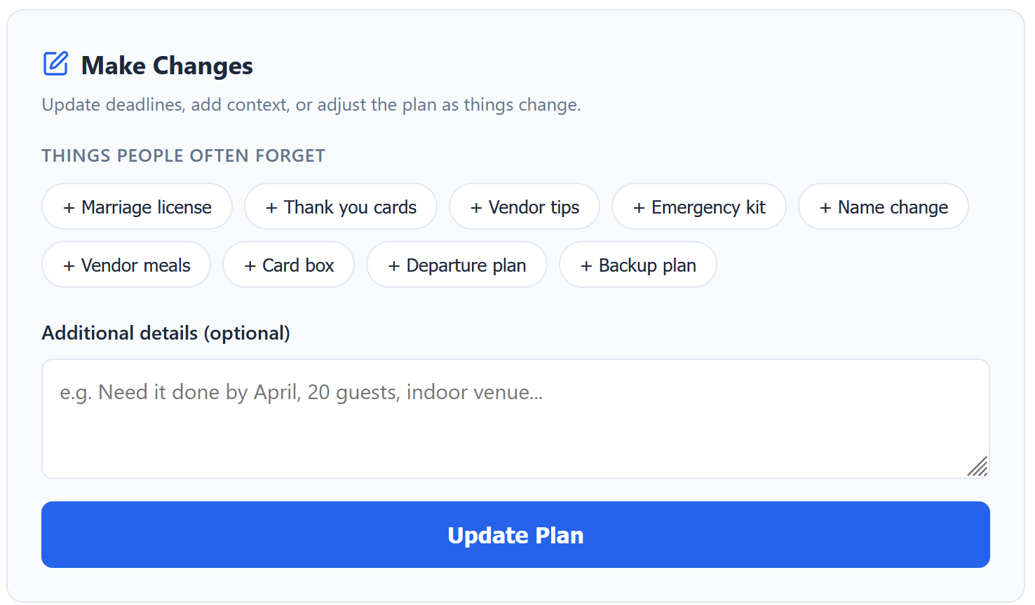 Steadily suggesting commonly forgotten wedding tasks like marriage license and thank you cards