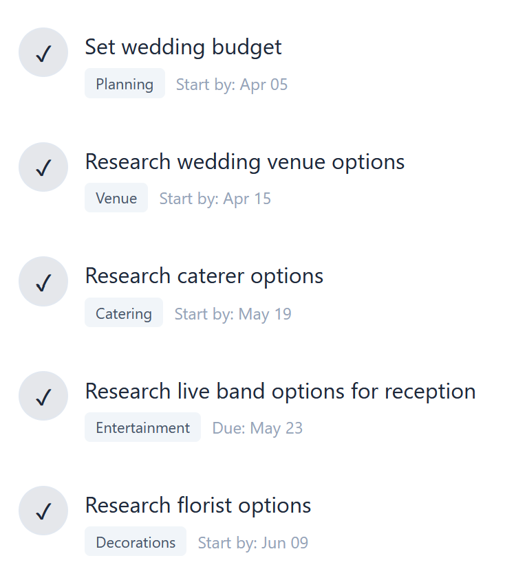 Wedding plan showing first tasks with venue, catering, and entertainment categories