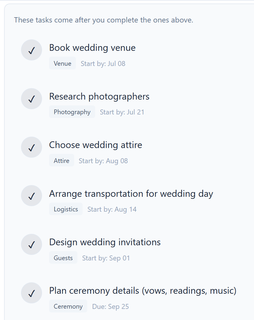 Wedding plan showing sequenced next steps including venue booking, photographer research, and attire selection