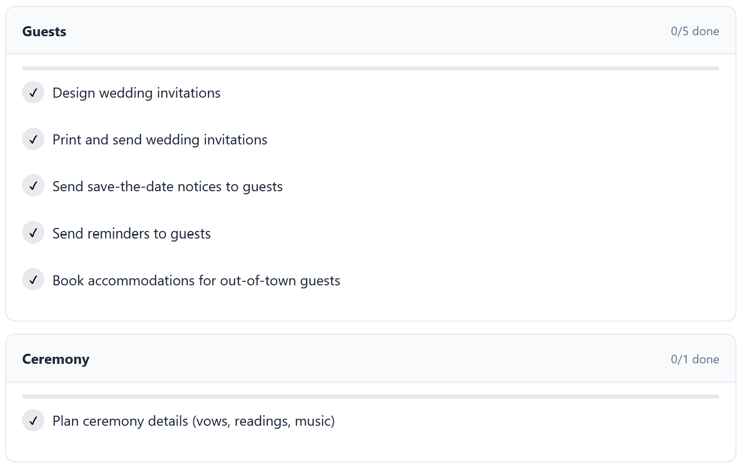 Wedding tasks organized into groups like Guests and Ceremony
