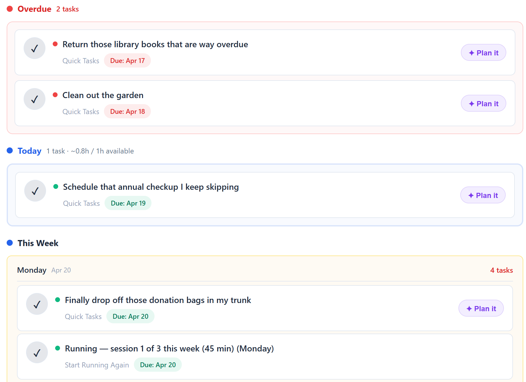 Steadily Today view showing tasks ranked across multiple projects